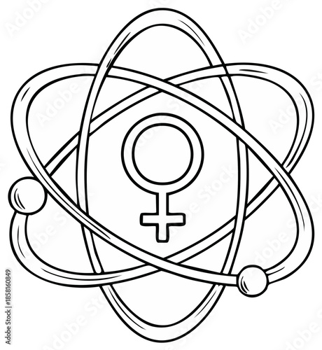Hand drawn atom with gender symbol as nucleus vector illustration representing women in science field