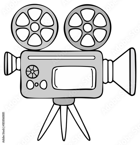 Retro movie camera illustration in grayscale