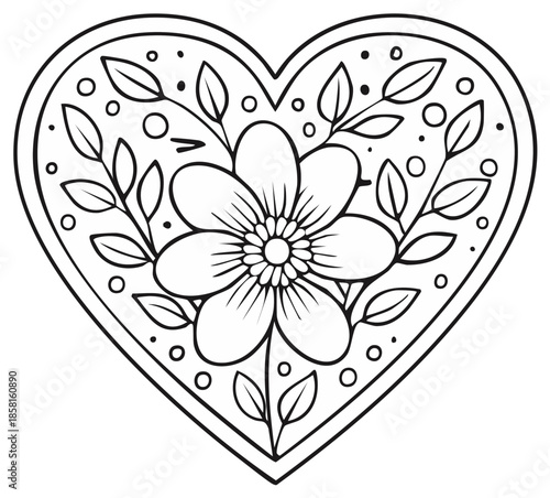 Heart shaped coloring page with flower petals and leaves for relaxation and anti-stress therapy