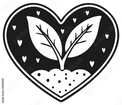Heart shaped emblem with a sprouting plant representing love for nature and growth