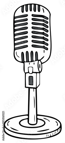 Classic retro microphone on a stand sketched in black and white for artistic use