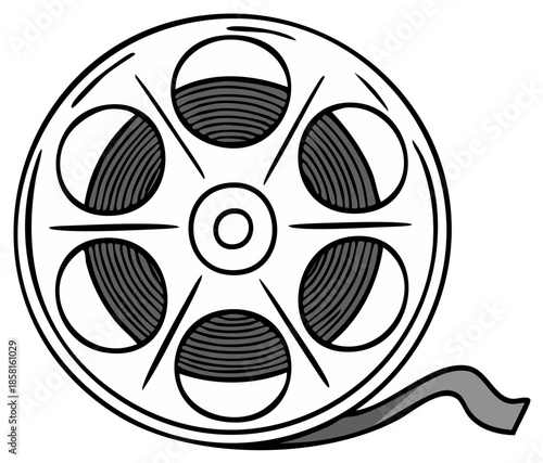 Drawn vintage film reel illustration with film strip partially unwound in black and white, representing movie industry and archives