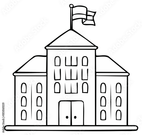 Cartoon outline of a building with a flag on the roof