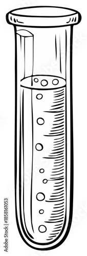 Ink drawing of laboratory test tube with bubbles in a science experiment