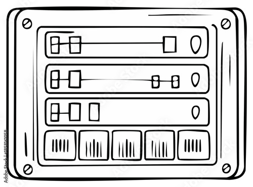 Hand drawn illustration of a vintage analog control panel with sliders and buttons