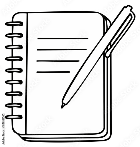 Notebook and pen outline sketch illustration for note taking and writing.