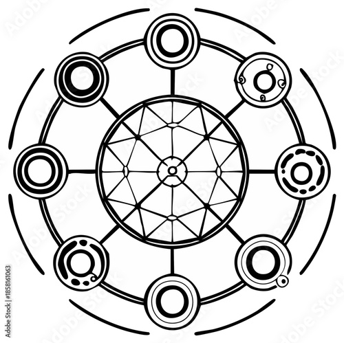 Mystical Circle with Geometric Design Element Black and White Line Art