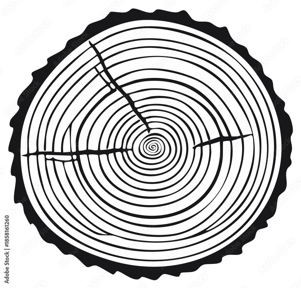 Fototapeta premium Wood grain circular pattern with growth rings and rough bark texture in black and white illustration