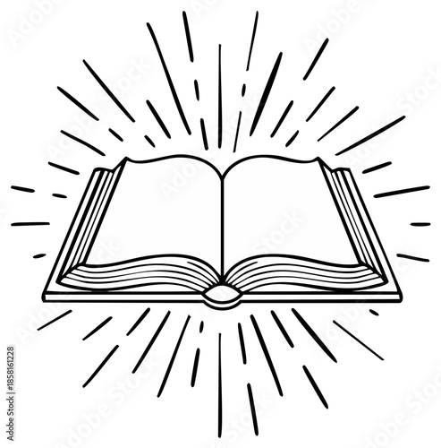 Open book with radiating light beams, hand-drawn illustration, linear drawing for decoration, design, logo