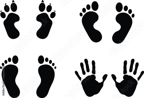 Human handprints and footprints silhouette illustration set showing baby child and adult prints isolated black vector design collection icons symbols