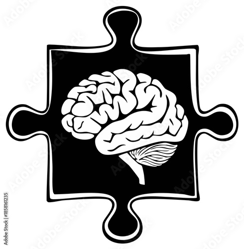 Silhouette of a human brain within a puzzle piece outline symbolizing thought and intellect