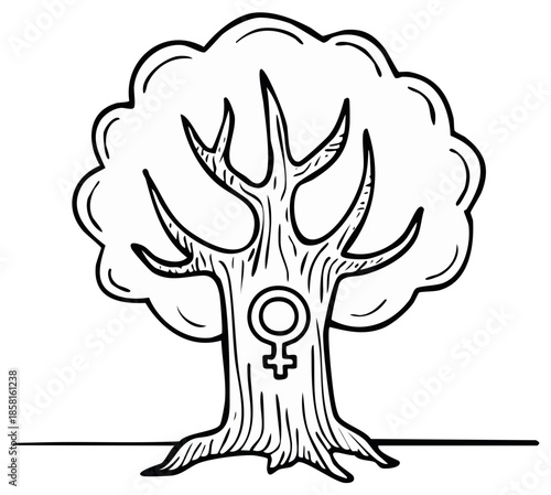 Tree trunk with female symbol etched into bark, symbolizing womanhood and nature