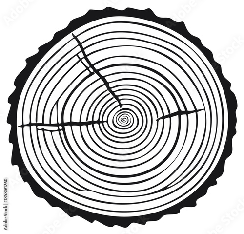Wood grain circular pattern with growth rings and rough bark texture in black and white illustration