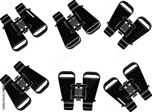 Binoculars silhouette illustration set showing different viewing angles isolated black vector optical equipment for travel wildlife surveillance design