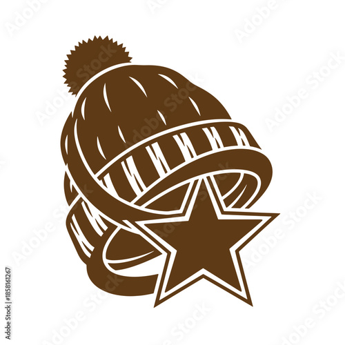 Vintage Brown knit hat with star and pom pom on top isolated on white background  winter clothing and accessories