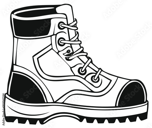 Industrial work boot with laces and reinforced toe cap in a clean line drawing illustration