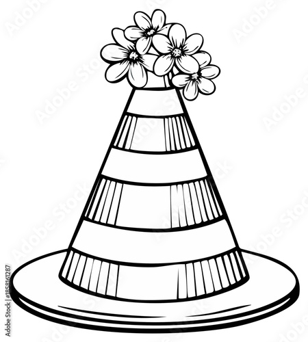 Whimsical Cone Hat with Flower Embellishments - Black and White Sketch