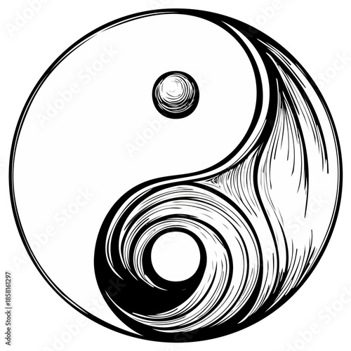 Elegant Yin Yang symbol in black and white drawing with dynamic swirling lines representing balance and harmony
