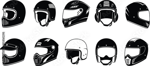 Motorcycle helmet illustration set showing various riding styles and safety designs isolated black vector biker protective gear collection