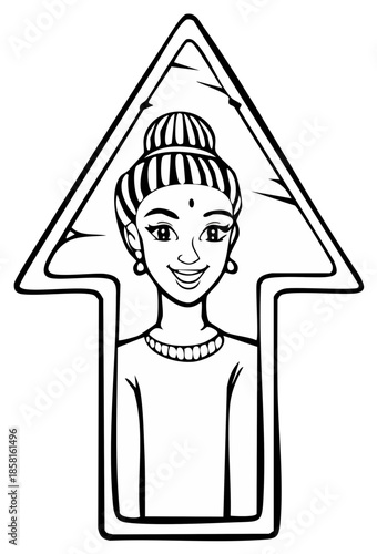 Woman Portrait Inside Upward Arrow Illustration, Smiling Female with Traditional Hairstyle within Symbol, Line Art