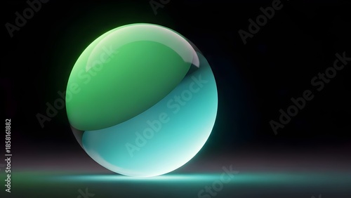 glass sphere on black background, 3d sphere on black, abstract minimalist neon background with green gradients. 3d render illustration.