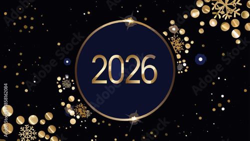 Golden year two thousand twenty six inside circle with snowflakes and dots on black background design