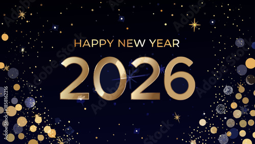 A festive happy new year 2026 graphic with golden text and sparkling stars on a dark blue background design