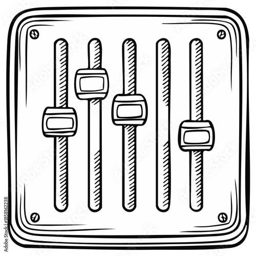 Doodle illustration of five audio mixer sliders for sound adjustment