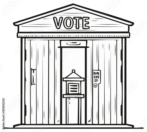 Voting Booth Line Art Illustration for Elections in a Democracy with VOTE sign and ballot drop box