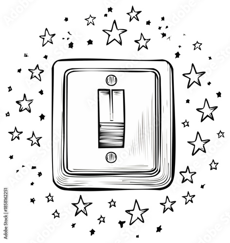 Hand-drawn light switch illustration with playful stars surrounding.