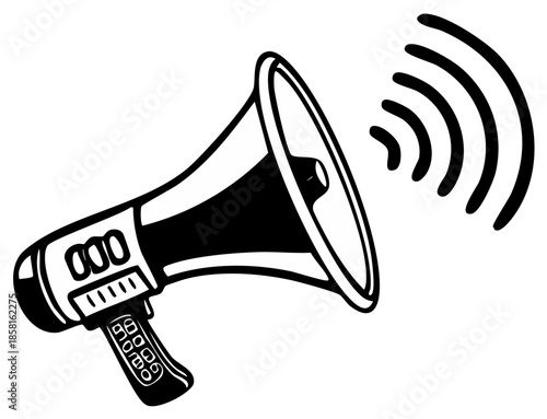 Black and white illustration of a megaphone emitting sound waves
