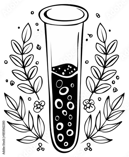 Outline of a Test Tube with Bubbles, Framed by Leaves and Flowers, Black and White Illustration