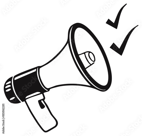 Loudspeaker with Check Marks Conveying Approval, Endorsement or Agreement in High Contrast Black and White Illustration