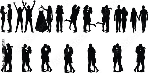 Romantic couple silhouettes collection, showing love relationship wedding proposal hugging kissing poses isolated on white background people illustration vector design