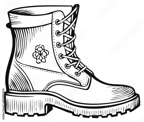 Illustration of a rugged leather boot with floral design elements, vector style