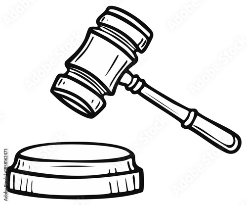 Black and white illustration of gavel and sound block, representing legal decision making.