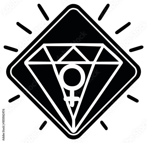 Diamond with female symbol inside reflecting light radiant gem luxury precious stone icon