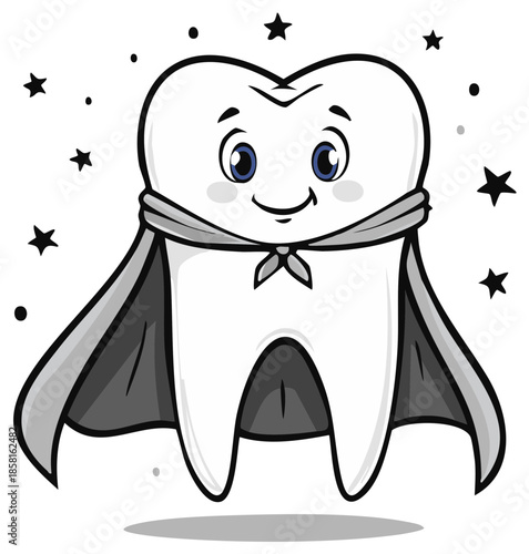 Smiling Cartoon Tooth Character Wearing a Cape and Stars