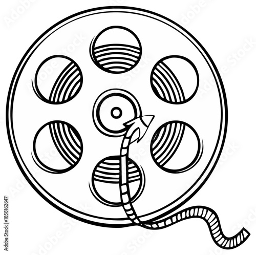 Vintage film reel with trailing strip, hand-drawn illustration, retro cinema concept