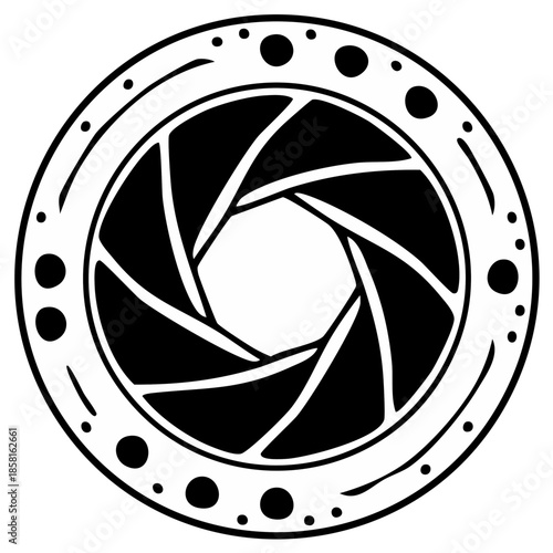 Stylized abstract camera aperture graphic with circular border and decorative dots creating a circular abstract design