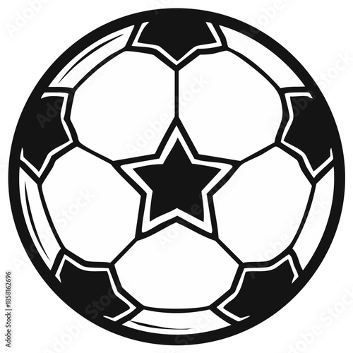 Stylized soccer ball with star icon design in black and white illustration for sport event or logo