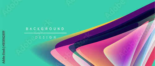 Abstract vibrant layers overlap turquoise backdrop. Modern design elements create dynamic visual effect. Smooth gradients, flowing shapes present.