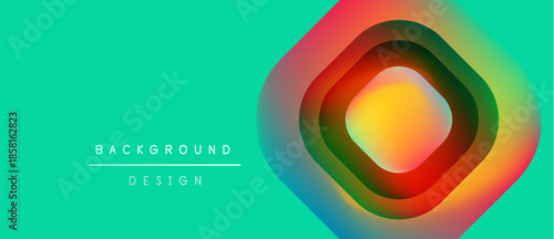 Vibrant abstract design features layered geometric shapes. Turquoise background contrasts with warm color gradients. Modern aesthetic, simple text elements present.
