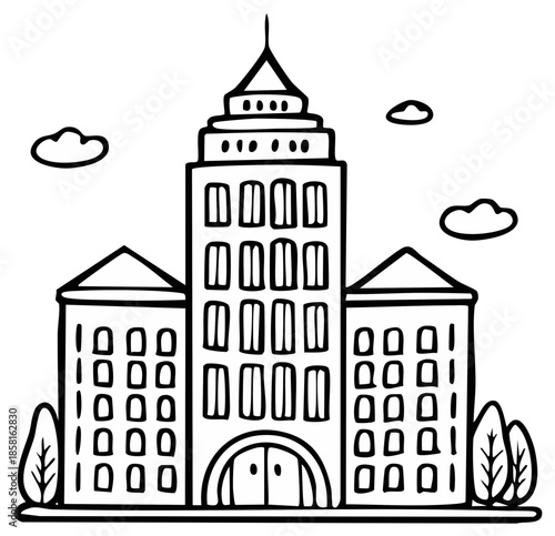 Stylized drawing of a large multistorey building with a central tower and symmetrical wings surrounded by trees and clouds