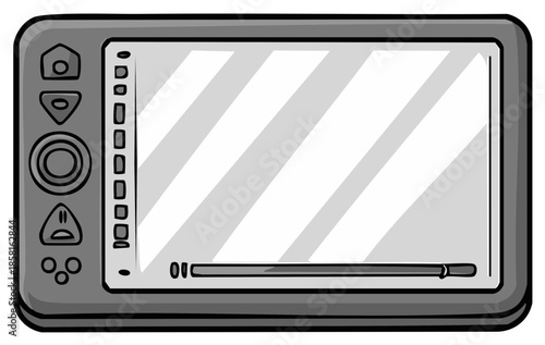 Hand drawn cartoon of a portable navigation device with a blank screen and control buttons