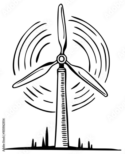 Hand Drawn Wind Turbine Illustration Generating Energy Black and White Style
