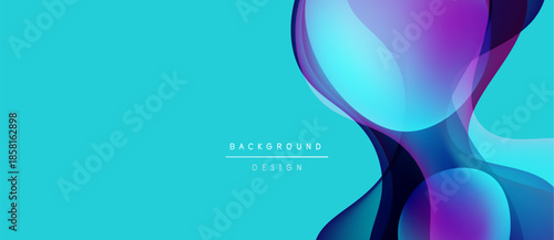 Abstract design features flowing shapes, vibrant colors. Turquoise background complements purple, blue elements. Modern, dynamic composition.