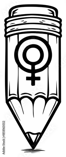 Black and white pencil with female gender symbol. Conceptual vector illustration.