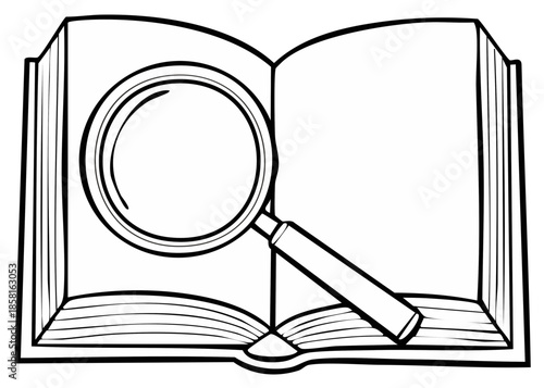 Magnifying glass examining blank pages in an open book, concept illustration.