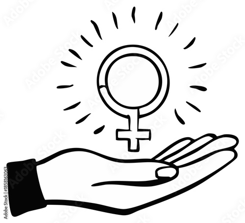 Woman symbol held gently in open palm with radiant light rays emanating